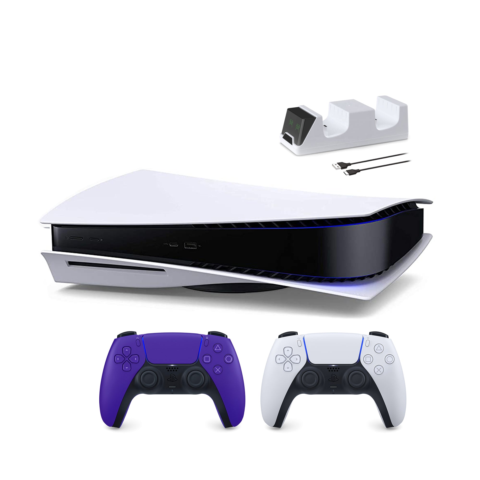 PlayStation 5 Disc Edition with Two Controllers White and Galactic Purple DualSense and Mytrix Dual Controller Charger - PS5 Gaming Console PlayStation 5 Disc Edition with Two Controllers White and Galactic Purple DualSense and Mytrix Dual Controller Charger - PS5 Gaming Console